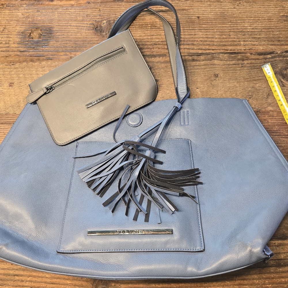 Steve MaddenbBlue and Gray Tote Bag with Tassel Accents And Additional Pouch